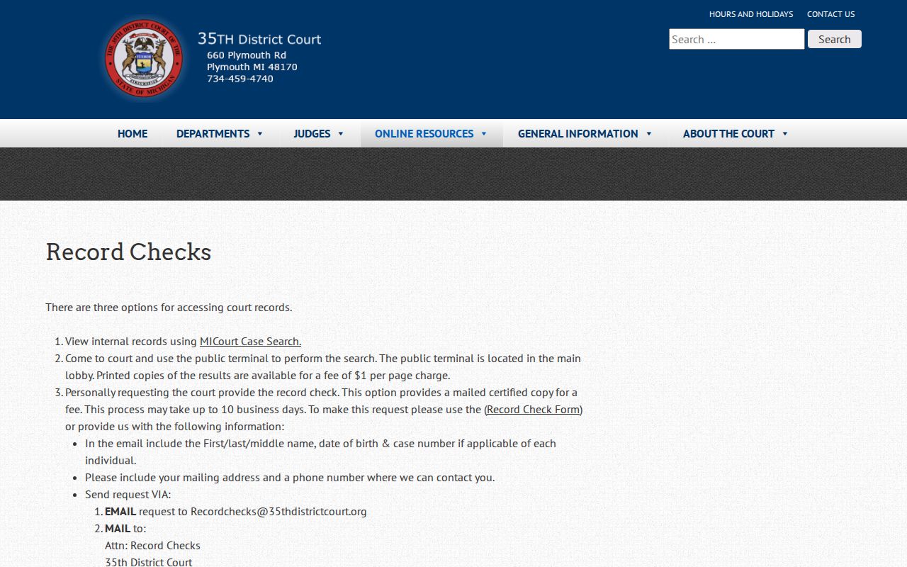 Northville Township resident lookup 35th District Court record-check instructions